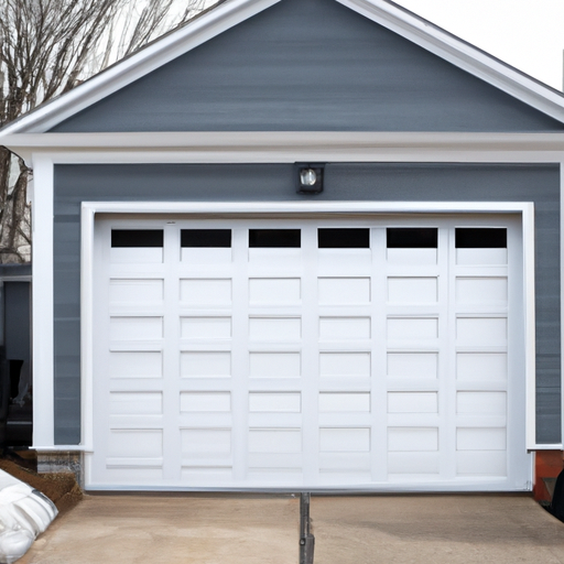 Insulated steel garage door on a suburban Sharon, MA home in late winter, showing panels and nearby siding.