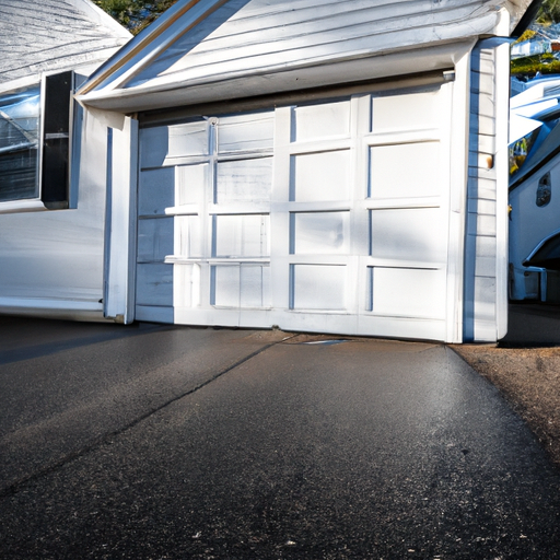 Suburban Sharon, MA house with a white paneled garage door partially open on a clear late-afternoon day.