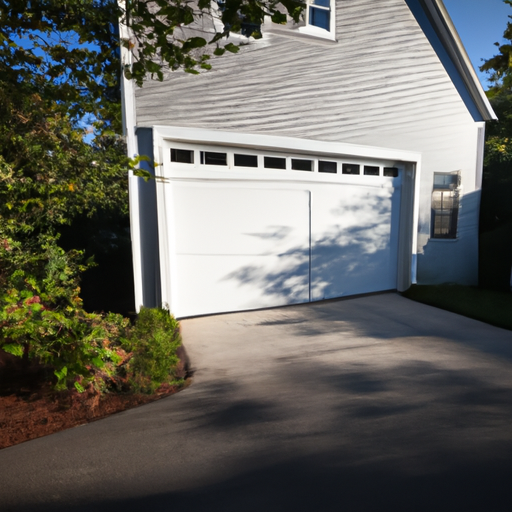 Suburban Sharon, MA home with an insulated sectional garage door and visible weatherstripping at dusk.