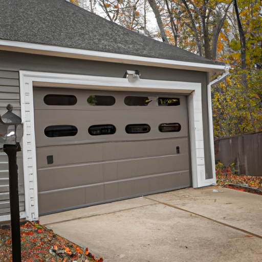 Suburban Sharon, MA home exterior with a modern garage door and visible opener housing, overcast sky