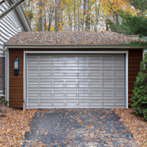 Insulated steel garage door on a suburban Sharon, MA home with visible weather seals and autumn leaves on driveway.