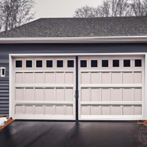 Suburban Sharon, Massachusetts home with a closed insulated garage door and visible panels and seals.