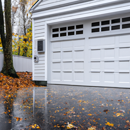 Suburban Colonial home in Sharon, MA with a slightly ajar white sectional garage door on a wet autumn driveway.