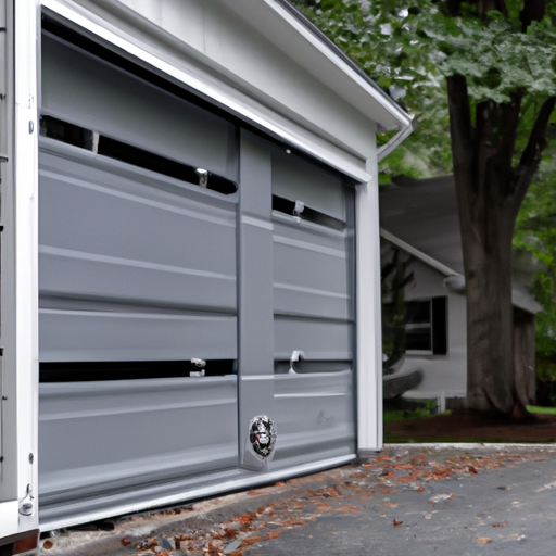 Suburban steel sectional garage door in Sharon, MA with visible tracks and rollers, partial open position.