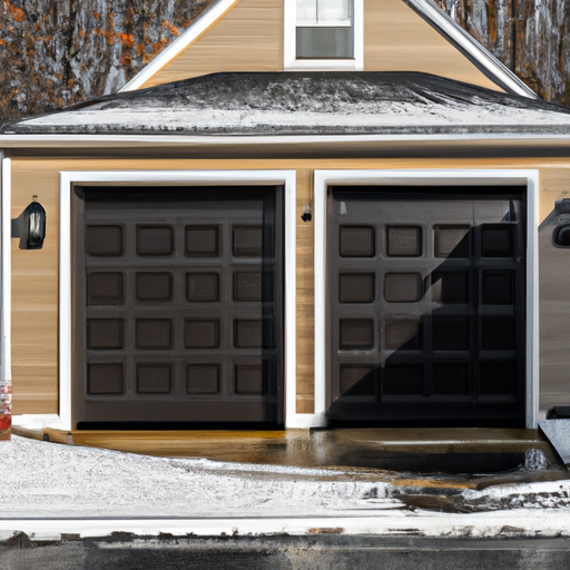 Suburban Sharon, MA home with a modern garage door slightly open showing smart opener hardware, late-autumn light, no people.