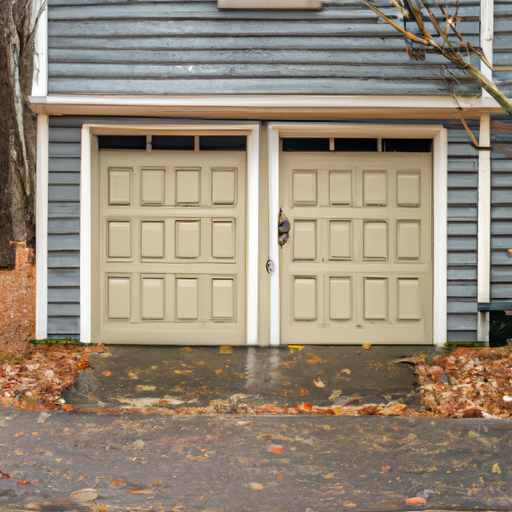 Sharon MA suburban home with closed sectional garage door, wet driveway and fall leaves