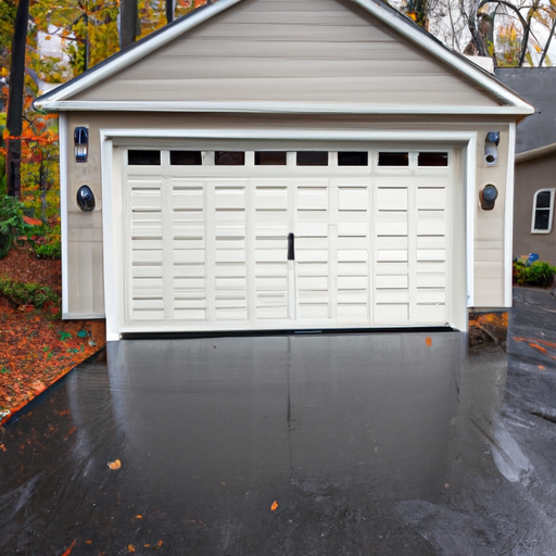 Suburban Sharon, MA home with a modern residential garage door on a wet autumn morning.