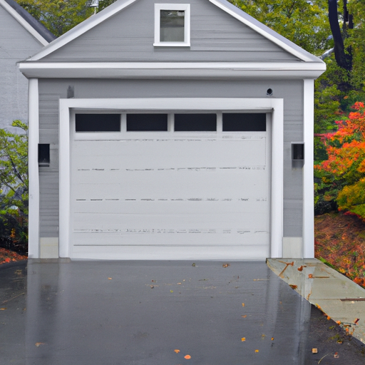 Suburban garage door in Sharon, MA with visible base seal and driveway, fall foliage in background.