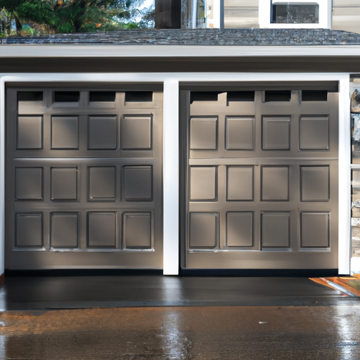 Insulated steel garage door on a suburban home driveway in Sharon, MA, showing panels and weather seals.