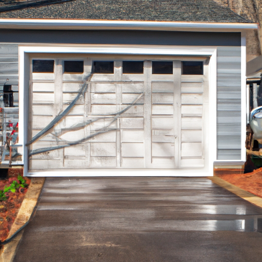 Suburban Sharon, MA home with a modern garage door, wet driveway, and early spring foliage