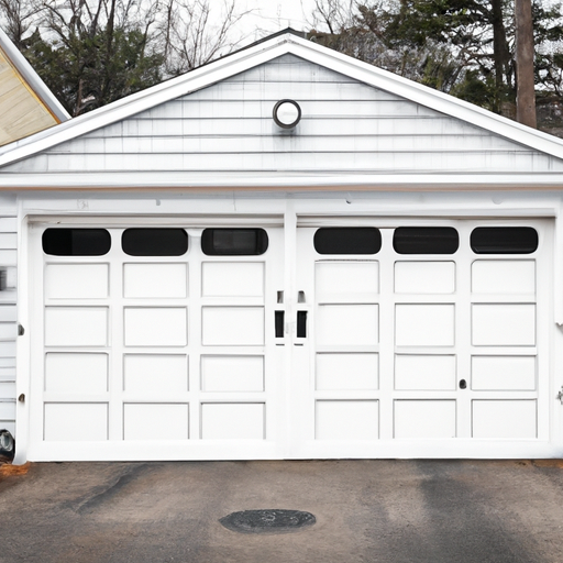 Suburban Sharon, MA home with a closed white sectional garage door and visible tracks on an overcast day.