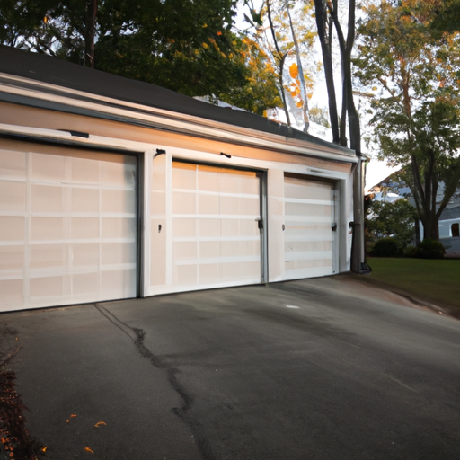 Modern sectional garage door on a suburban Sharon, MA street at golden hour showing panels, tracks, and weatherstripping.