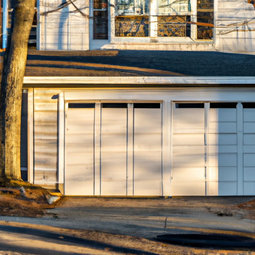 Suburban Sharon, MA home with a partially open garage door and visible hardware, late afternoon light.
