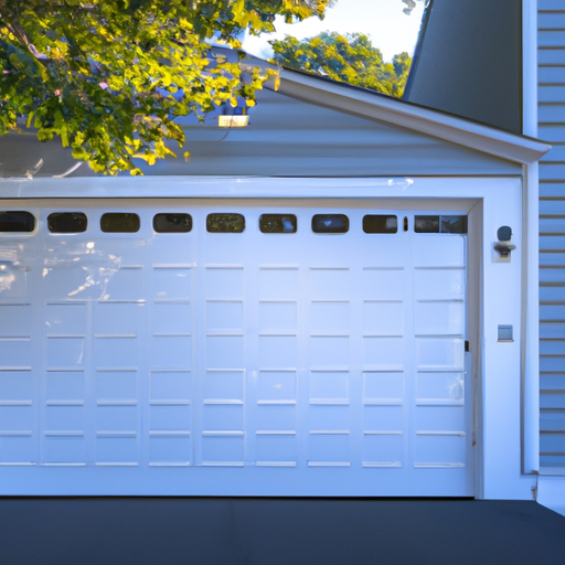 Suburban Sharon, MA home with an insulated garage door, visible weatherstripping and exterior LED lighting