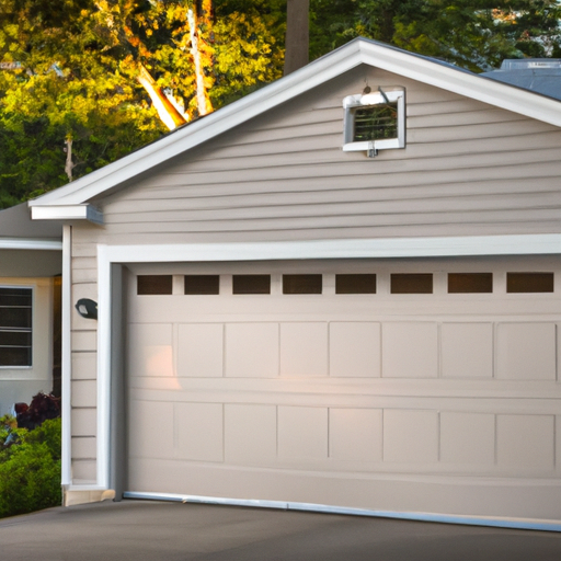 Modern insulated steel garage door in a Sharon, MA driveway, showing panels and weatherstripping under natural late-afternoon light.