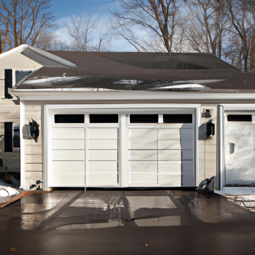Suburban house in Sharon, MA with a visible garage door, tracks and opener hardware, light snow melt on driveway.