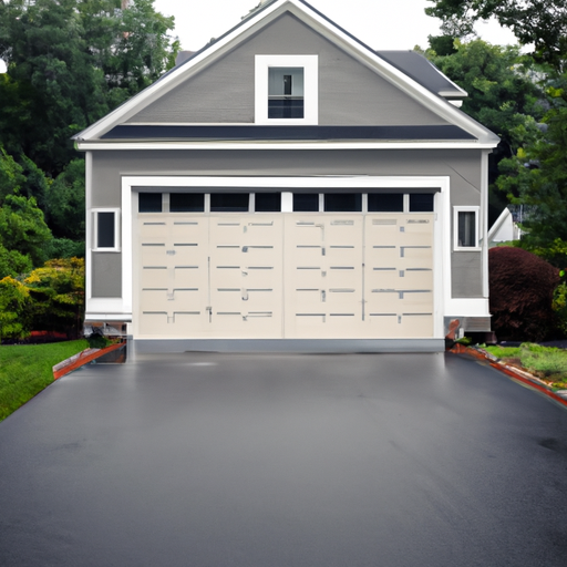 Modern sectional garage door on a suburban home in Sharon, MA, wet driveway and trimmed shrubs, no people.