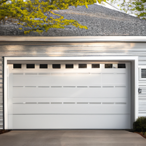Suburban garage door in Sharon, MA showing insulated steel panels, weather seal and threshold in morning light.